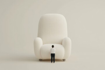 A tiny figure facing a large, plush chair