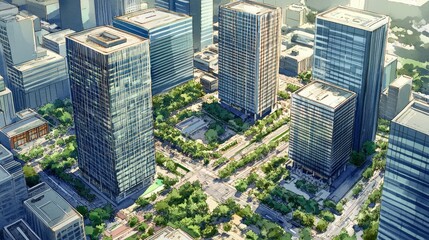Obraz premium Aerial View of Modern Urban Cityscape with Skyscrapers and Green Spaces Emphasizing Sustainable Architecture and Urban Planning Concepts