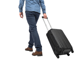 A person is pulling a suitcase, isolated on white background