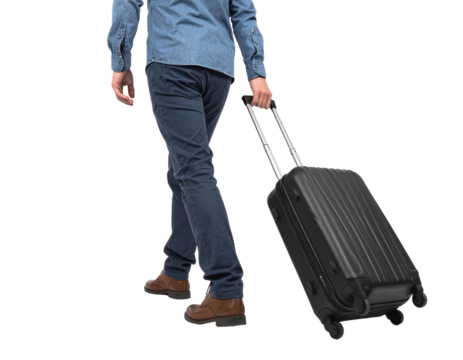 A person is pulling a suitcase, isolated on white background