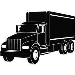 Silhouette of logging truck illustration logo vector, silhouette of delivery box truck from front and side, Semi truck silhouette front view black and white vector art in white background. Best Truck.