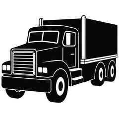 Silhouette of logging truck illustration logo vector, silhouette of delivery box truck from front and side, Semi truck silhouette front view black and white vector art in white background. Best Truck.