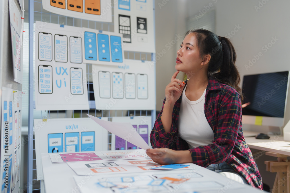 Poster young professional web designer reviewing mobile application wireframes, contemplating design improv