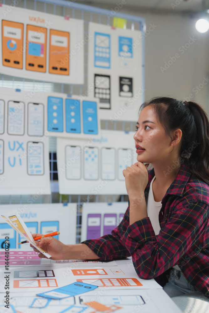 Poster female web designer analyzing mobile application interface wireframes, holding a pen and thinking ab