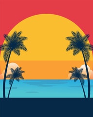 Sunset on the beach with a beautiful landscape of palm trees Background Illustration
