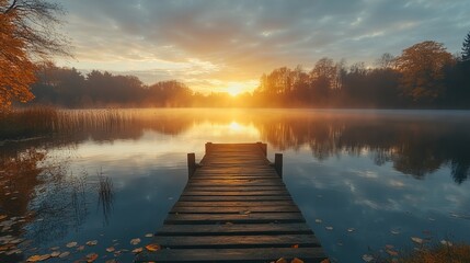 Obraz premium Tranquil Dock on a Serene Lake Surrounded by Lush Greenery and Gentle Ripples Reflecting Blue Sky