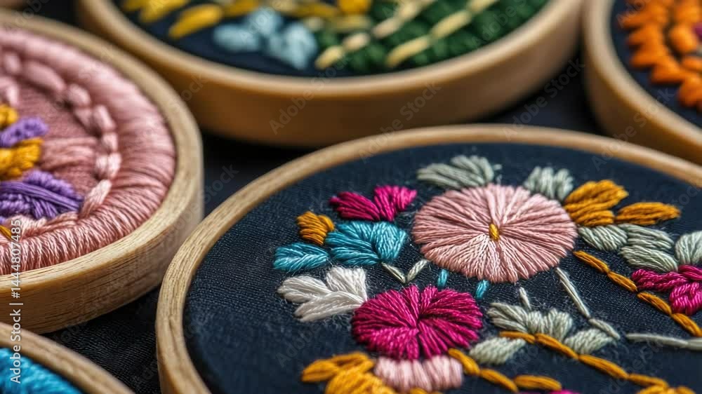 Poster close-up view of various embroidery designs on a table, ideal for use in textile or craft projects