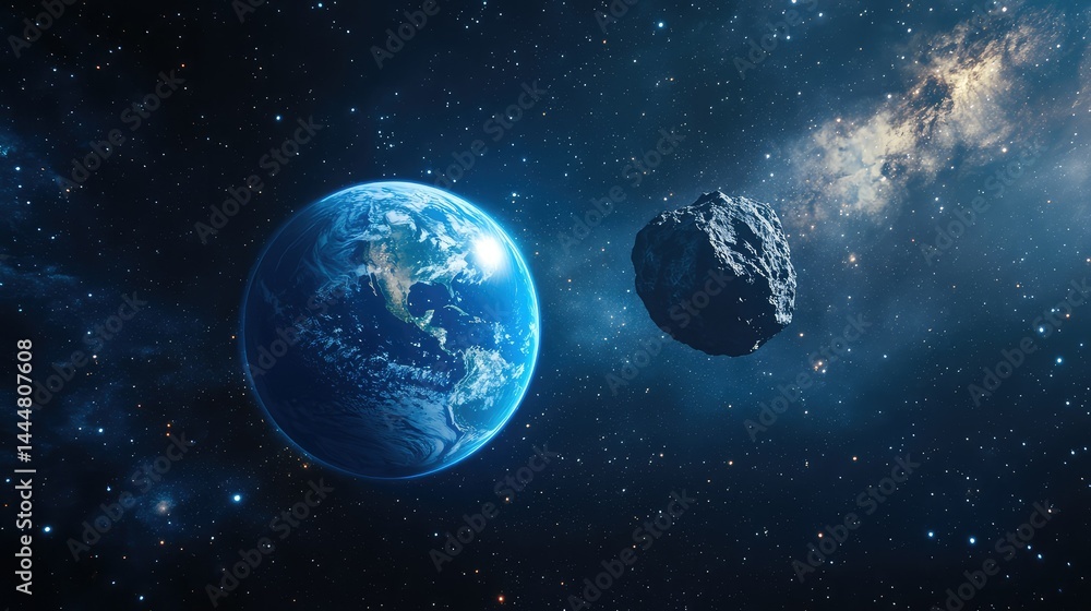 Poster stunning view of earth surrounded by asteroids and stars in the depths of space with a colorful milk