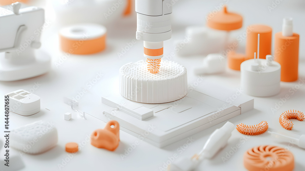 Poster an artistic rendering of 3d printing in progress. it suggests the creation of medical or scientific 