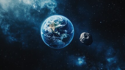 Obraz premium Stunning View of Earth Surrounded by Space and an Asteroid, Showcasing the Beauty of Our Planet in the Vastness of the Cosmos and Stellar Background