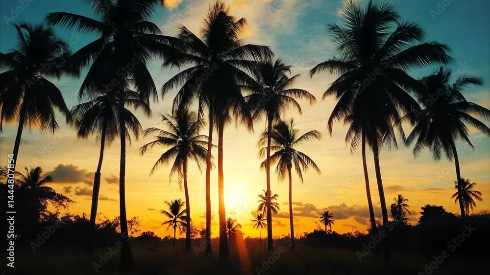 Poster sunset over palm trees creates a stunning timelapse of vibrant colors in the evening sky, a beautifu