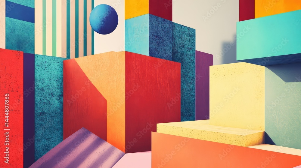 Poster abstract geometric composition with colorful shapes and textures creating a modern artistic landscap