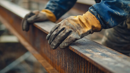 Construction Worker's Hands on Steel Beam