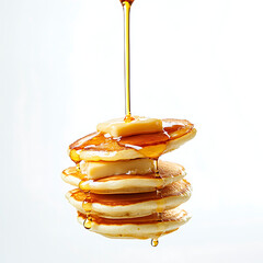 Fluffy Pancakes Flying with Melted Butter and Dripping Syrup.