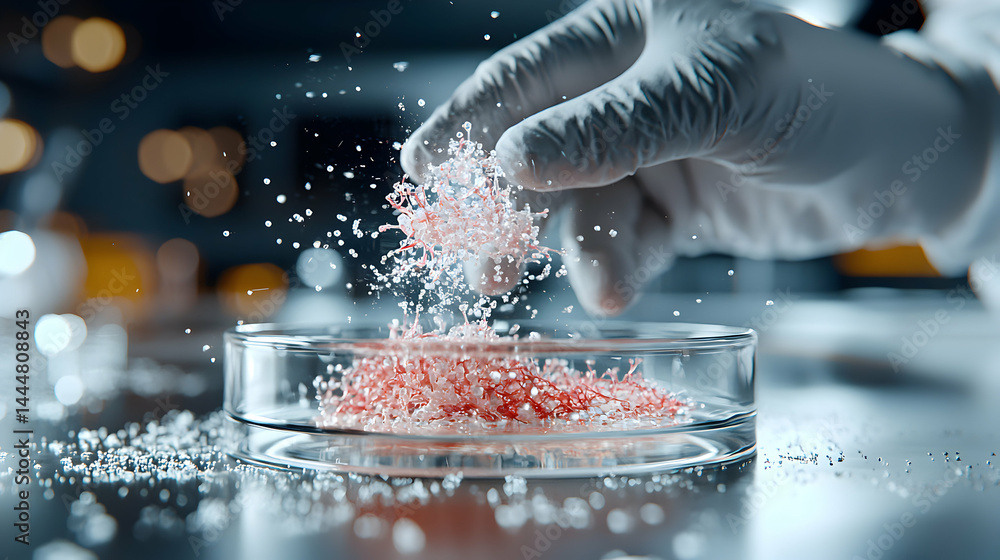 Poster a scientist in a lab coat and gloves is handling a petri dish with a biological substance. it is an 