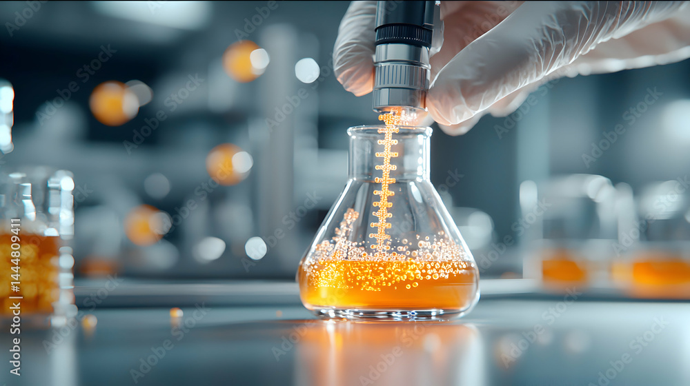 Poster a lab scene showcases scientific work. the image features a beaker filled with liquid and a device. 