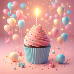 Celebrate Today 3D Cupcake with Candle and Floating Balloons