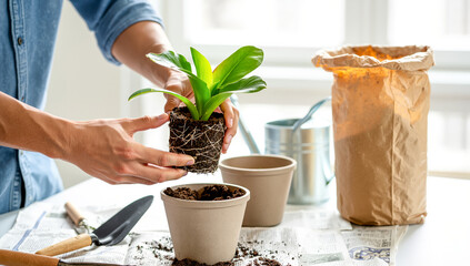  Hands repotting houseplant into new pot with fresh soil. Indoor gardening hobby, plant care nurturing green thumb concept.