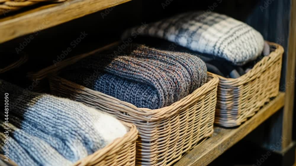Poster a wooden shelf filled with baskets containing sweaters, perfect for storing and displaying clothing