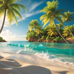 Obraz premium A serene tropical beach scene featuring clear blue ocean waves, lush palm trees. Ideal for conveying tranquility, vacation vibes, and natural beauty