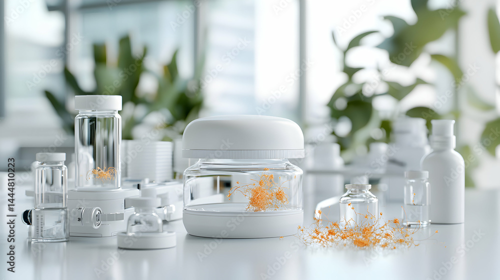 Poster an image of scientific equipment in a lab setting. it features various vials and containers with ora