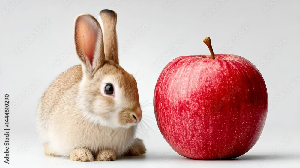 Poster rabbit is standing next to a red apple. the rabbit is looking at the apple with curiosity