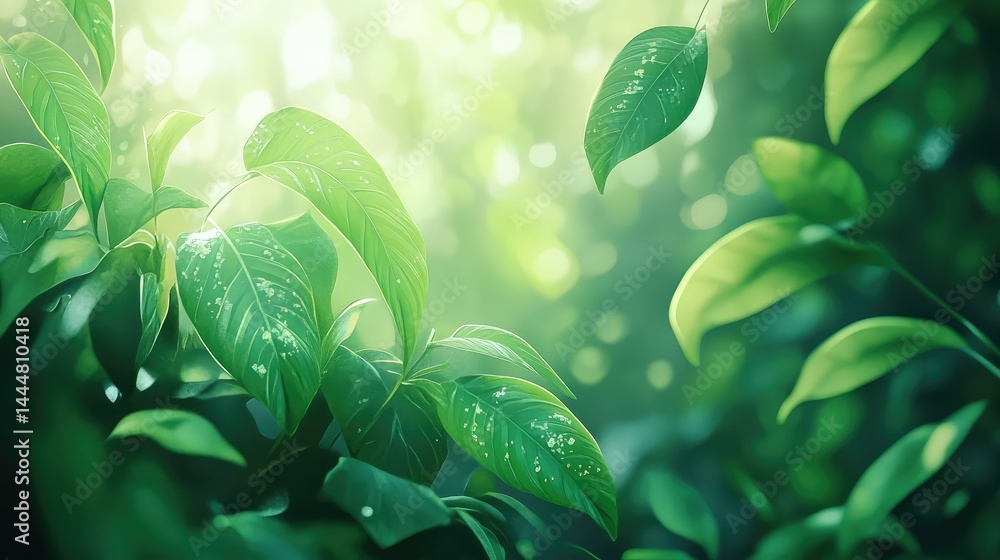 Poster lush green leaves with soft sunlight filtering through, creating a serene and tranquil atmosphere in