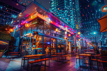 Obraz premium City Lights and Fine Dining, Festive Urban Night Out, Modern Restaurant Under Skyscrapers, Illuminated Dining in the City, Night Feast in a Lit Metropolis