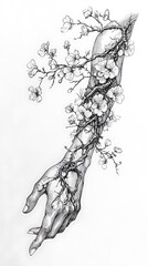 Blooming Grace Hand and Cherry Blossoms Intertwined Fine Line Art Design
