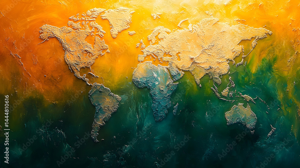 Poster world map with textured relief and color gradient
