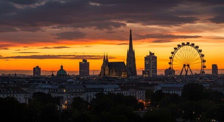 Vienna Skyline at Sunset with Ferris Wheel and Cathedral