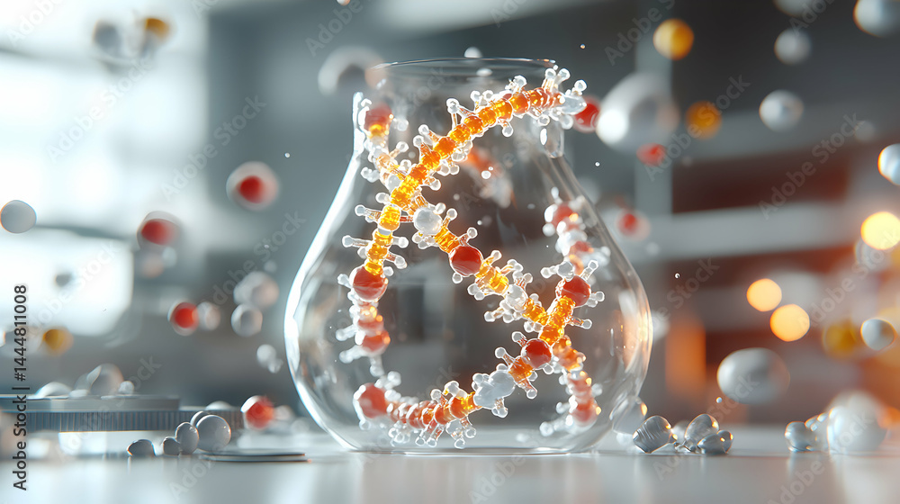 Poster a stunning scientific image showcasing a molecule structure within a lab flask. great for educationa