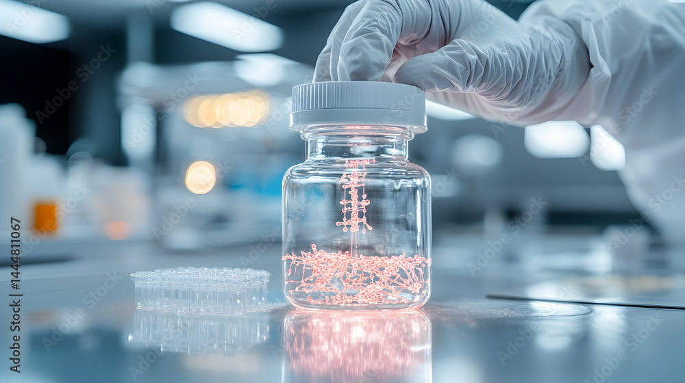 Poster scientist handles a vial containing glowing particles in a lab. this image could represent scientifi