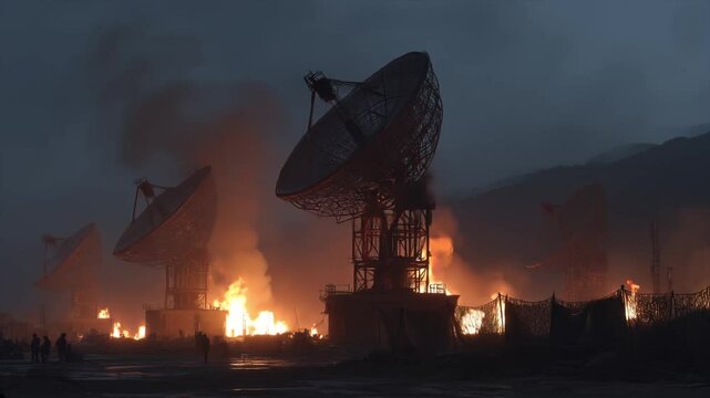 Military base with ancient altar-like radars, under attack, night time