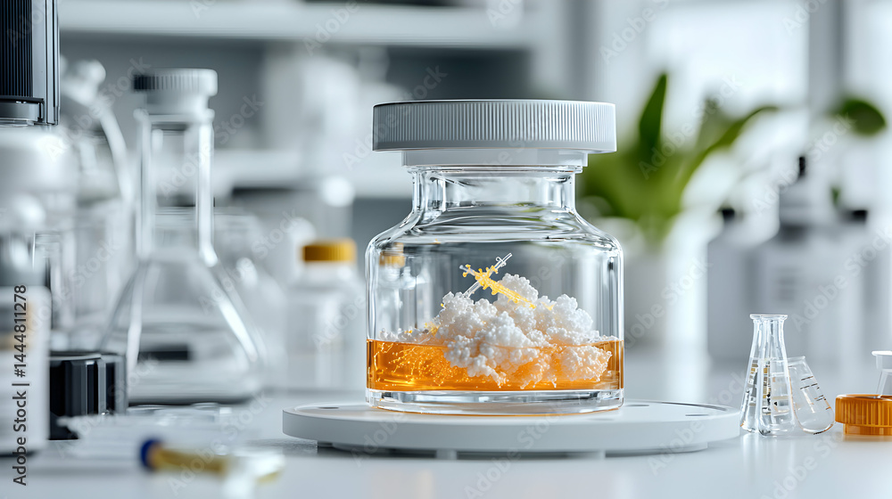 Poster a lab setting focuses on a vial with an amber liquid and white substance. potential applications inc