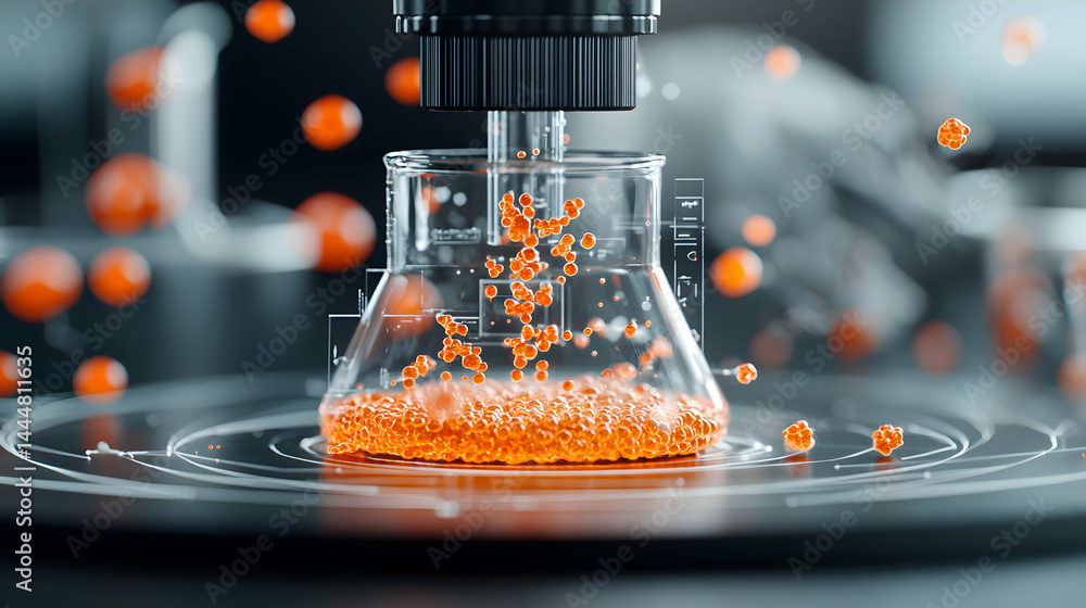 Poster a lab flask with particles. potential application in drug discovery nanotechnology or chemical engin