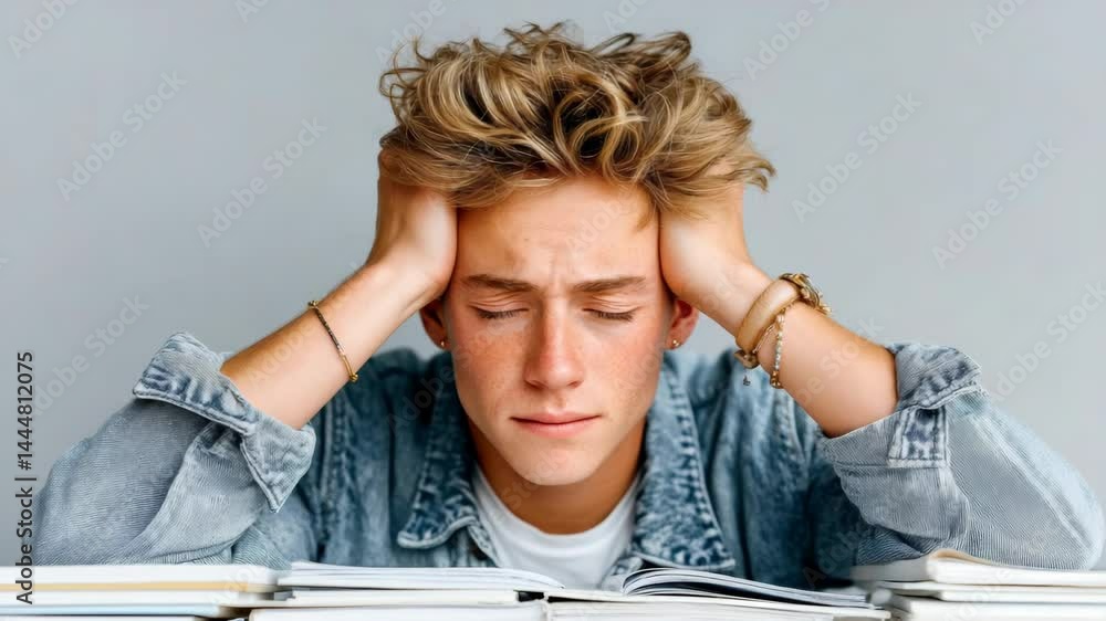 Poster young man is sitting at a desk with a stack of books in front of him. he is looking at the books and