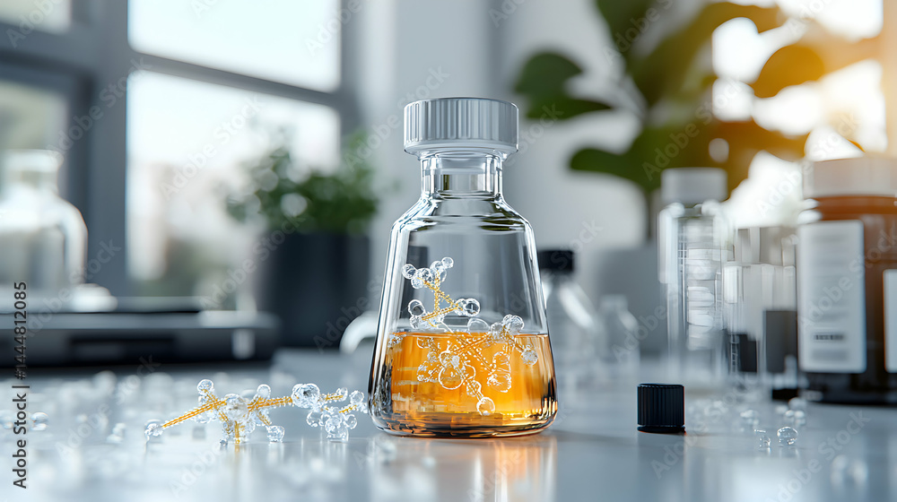 Aufkleber a lab setting featuring a chemical flask with a molecular model. useful for science medical and rese
