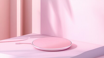 Pink wireless charger on pink background.