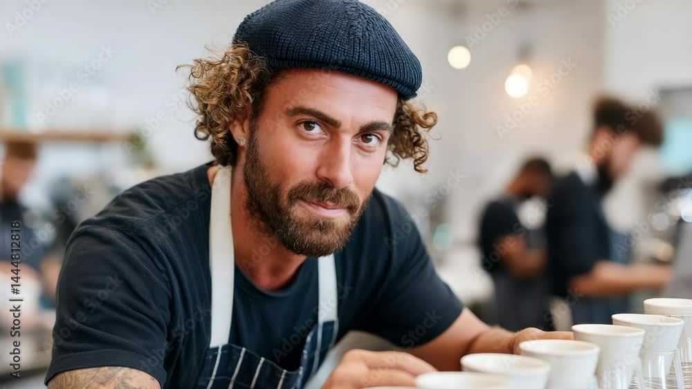 Poster man with a black hat and apron is smiling while looking at a table full of cups