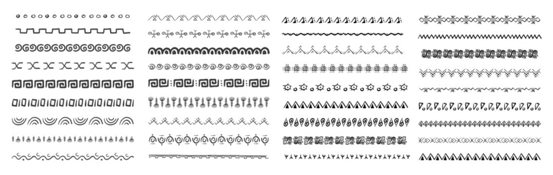 Ethnic tribal border, traditional hand drawn divider, doodle separator. Ancient motif line geometric brush, for frames, design element. 