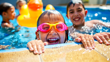 Happy excited child wearing swim goggles laughs in swimming pool water during sunny summer day with friends. Kids water play fun.