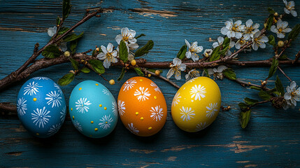 Easter decorations that include holiday elements such as eggs, leaves, and branches for a festive setting.