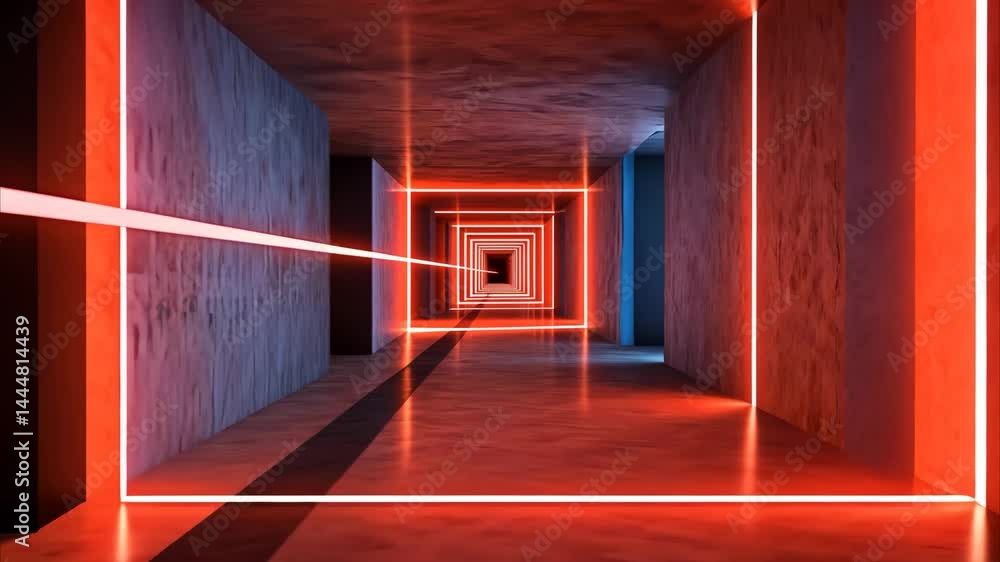 Poster Laser travels through illuminated rectangular tunnel creating vibrant light effects, A laser moving in a rectangular tunnel Infinitely ed