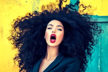 Long haircut - beach waves hair. Gorgeous very shocked mixed-race girl - for ads, ad page and social platforms use. Commercial marketing visual idea. Vibrant hair glamour. Colored hair glamour.