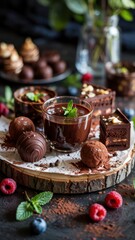 Fototapeta premium Dark chocolate dessert board with mousse, berries, truffles and brownie