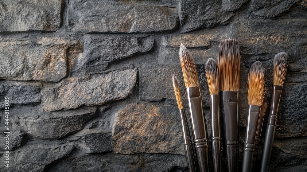 Poster collection of artistic brushes displayed against a textured stone background showcasing various styl