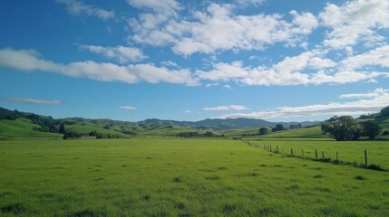 A green field stretches out under a blue sky.
