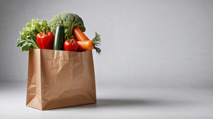 A rustic brown paper bag brimming with vibrant, fresh produce including broccoli, carrots, tomatoes, bell peppers, and leafy greens, symbolizing healthy eating and sustainable shopping