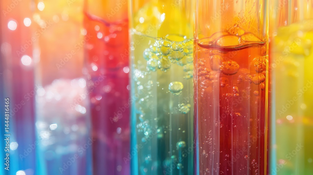 Poster vibrant colorful liquid in test tubes with bubbles and light reflection, creating an abstract and dy